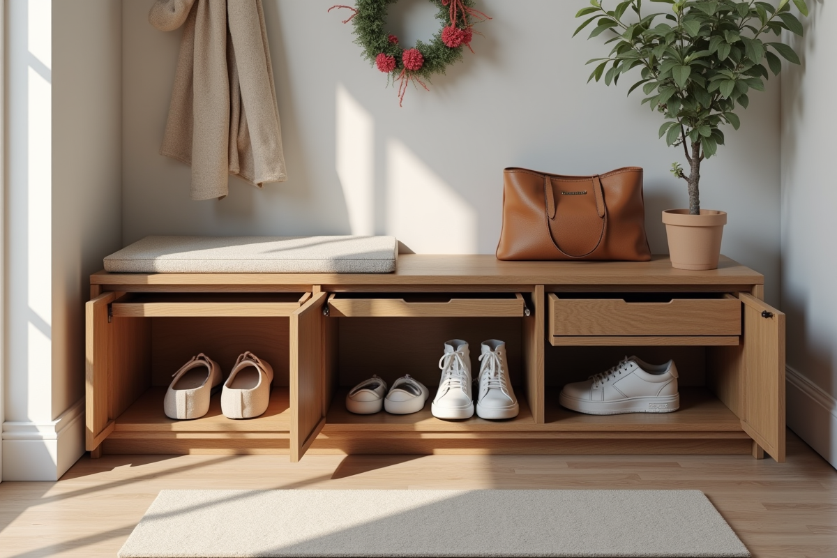 Entrée organisée avec banc en bois et espace de rangement