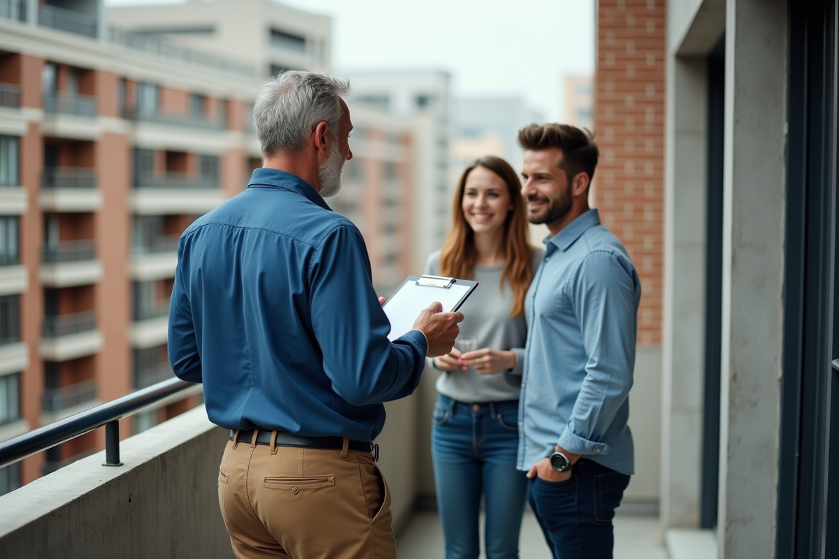 Entrepreneur en construction parlant avec un couple sur un balcon rénové