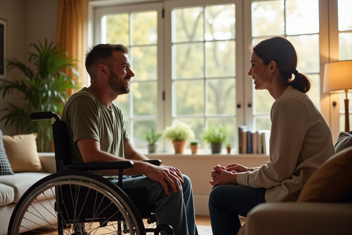 Jeune adulte en fauteuil discutant avec une assistante à domicile