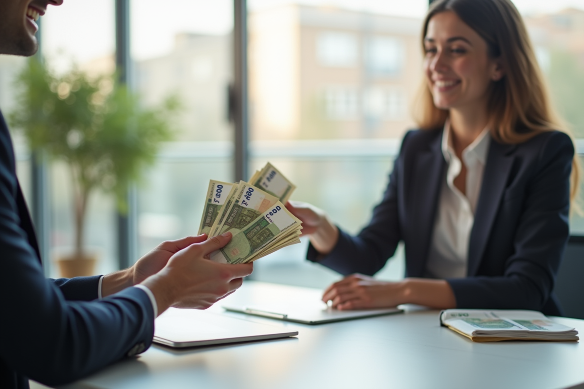 Personne remettant des billets d'argent à un agent immobilier dans un bureau lumineux