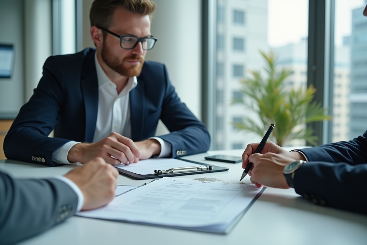 Expert en assurance et gestionnaire de franchise discutant documents