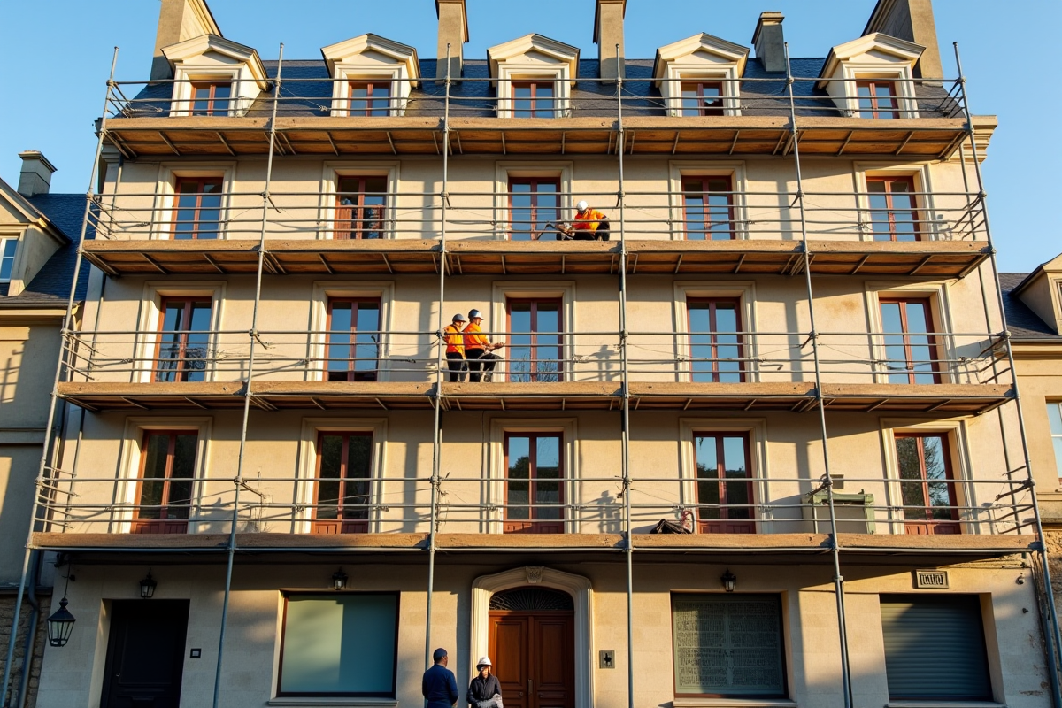 Façade d un bâtiment français restauré avec échafaudage et ouvriers