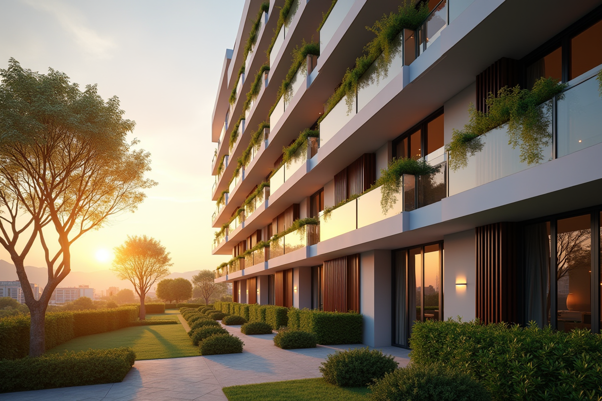 Façade d un immeuble résidentiel au lever du soleil avec lumière chaude