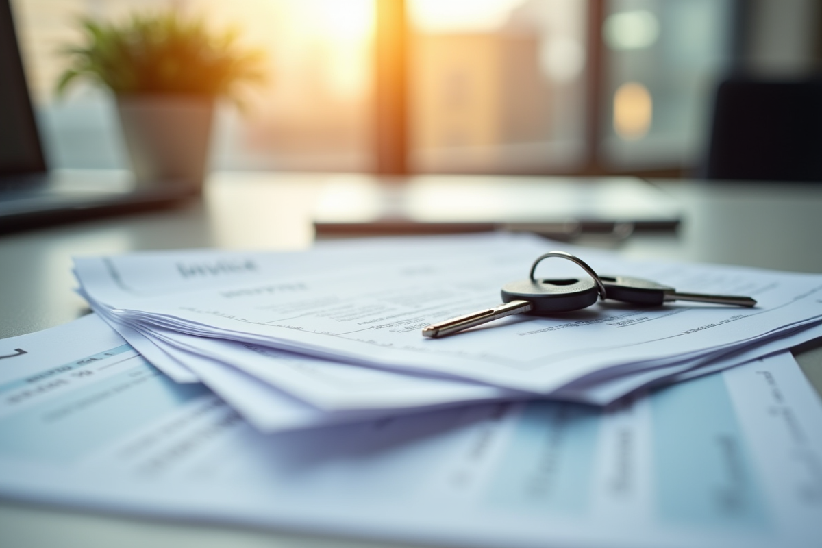 Factures de loyer impayées avec clés sur un bureau moderne