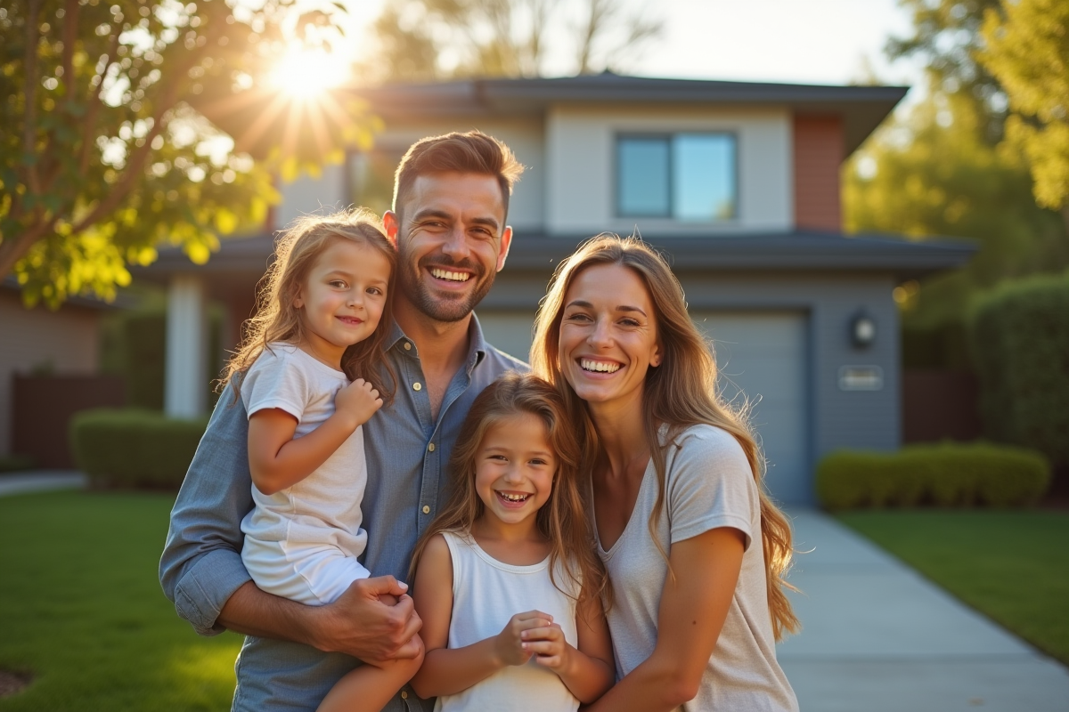 Famille américaine heureuse devant une maison moderne en banlieue