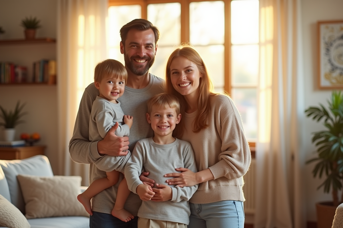 Famille heureuse dans leur salon lumineux et cosy