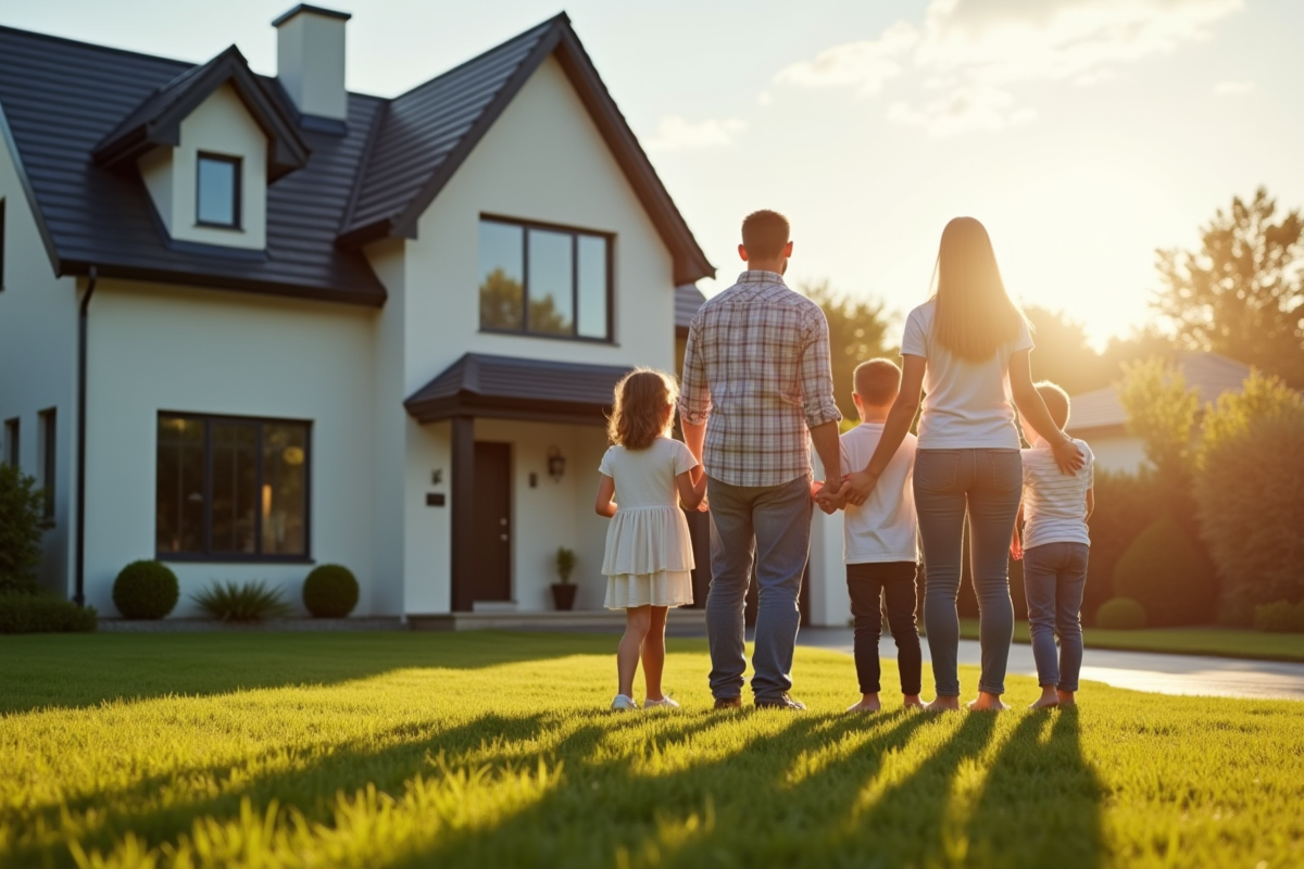 Famille devant une maison moderne à vendre dans un quartier résidentiel