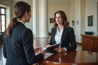 Femme d'âge moyen parlant avec un agent municipal dans une mairie