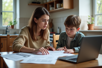 Femme et adolescent discutant de documents d'assurance à la maison