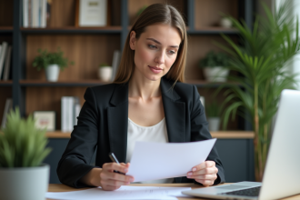 Femme d'affaires concentrée dans son bureau moderne