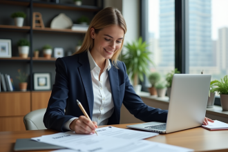 Femme d'affaires souriante dans un bureau moderne