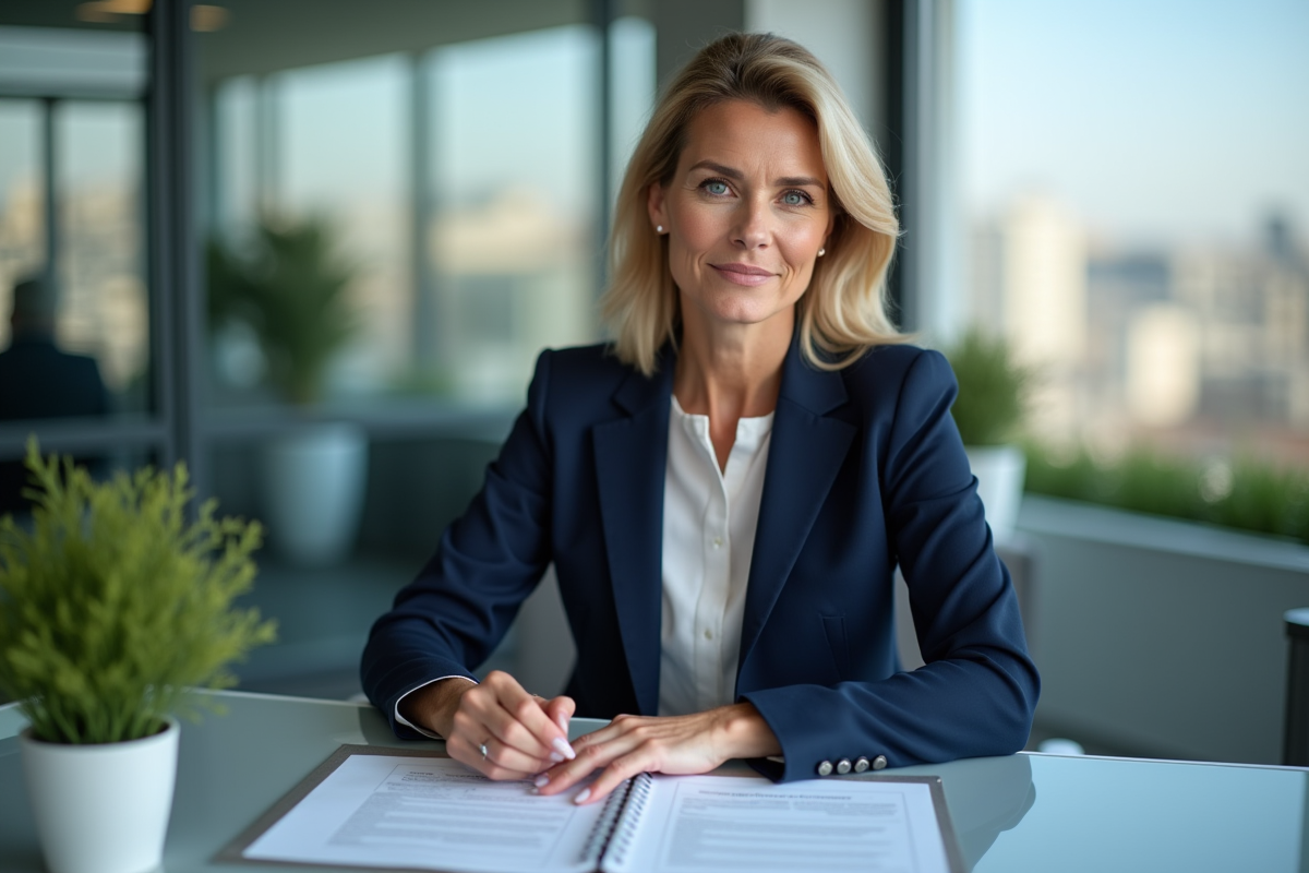 Femme d'affaires en bureau examinant des documents de prêt immobilier