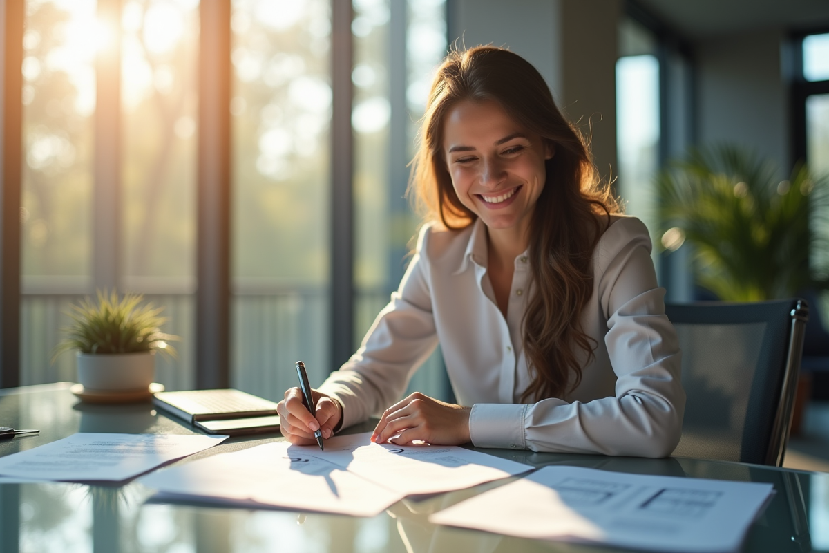 Femme d'affaires souriante signant des documents financiers