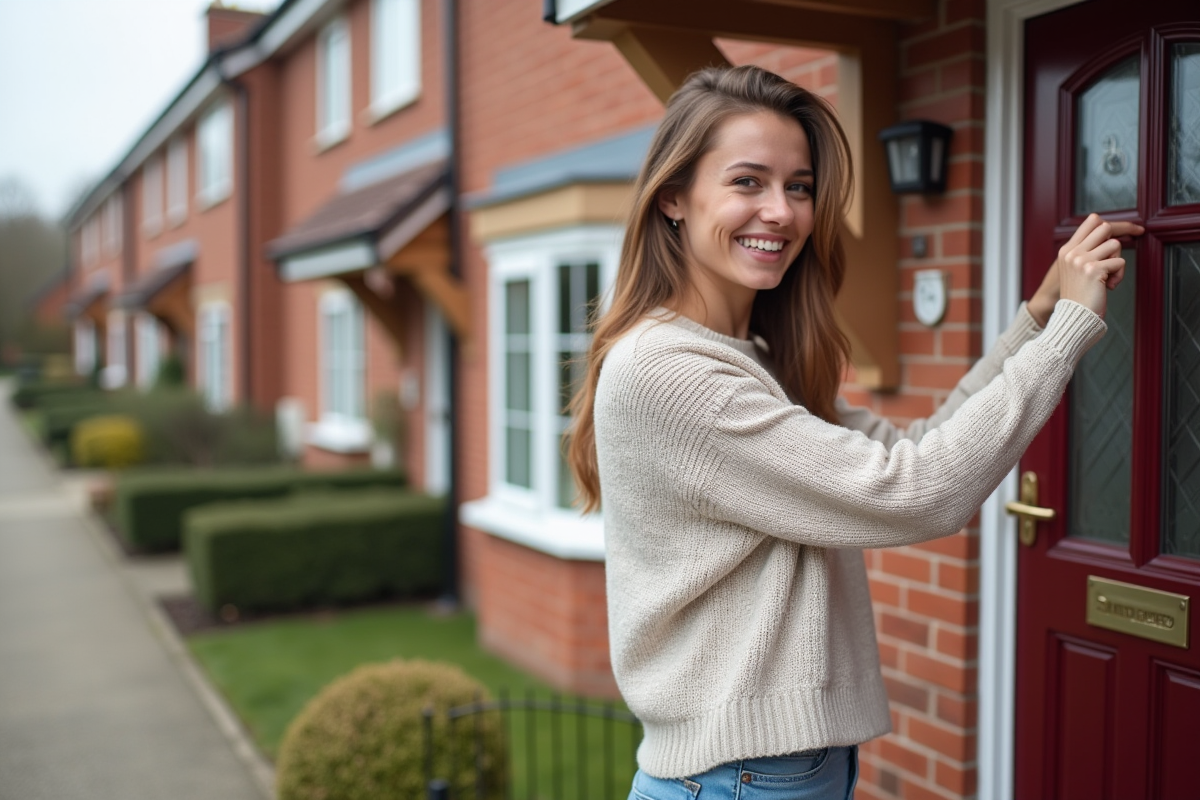 Jeune femme posant sticker assurance habitation devant sa maison