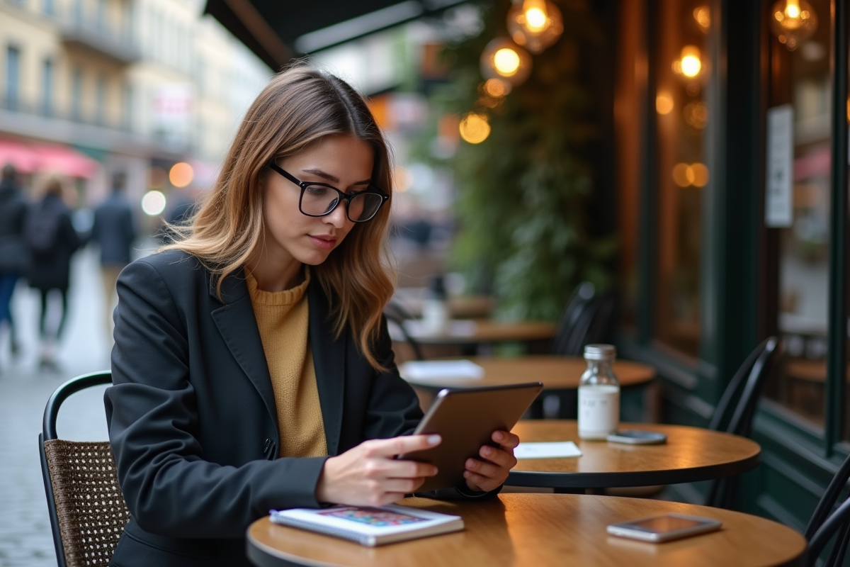 Jeune femme au café cherchant des annonces immobilières