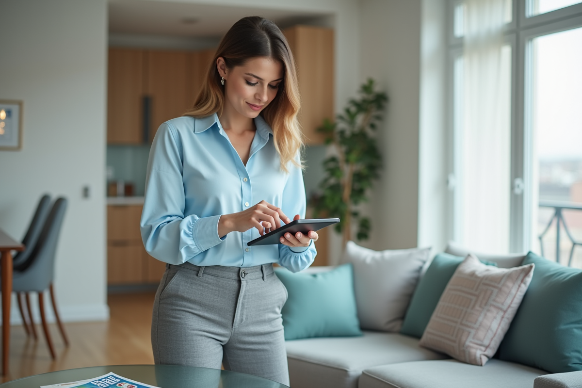 Jeune femme utilisant une calculatrice dans un salon lumineux