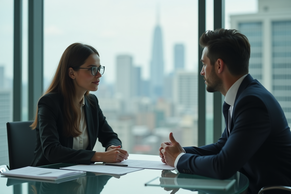 Jeune femme professionnelle discutant avec un conseiller bancaire