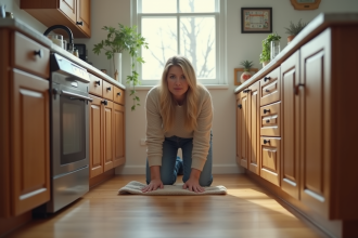 Femme préoccupée qui essuie une fuite d'eau sous l'évier de la cuisine