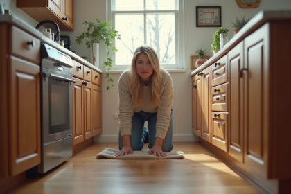 Femme préoccupée qui essuie une fuite d'eau sous l'évier de la cuisine
