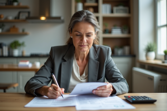 Femme d'âge moyen en tenue professionnelle examine des documents