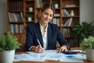 Femme en blazer bleu examinant des annonces immobilières