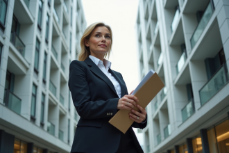 Femme professionnelle tenant documents immobiliers devant immeuble moderne