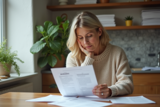 Femme d'âge moyen examinant des documents fiscaux à la maison