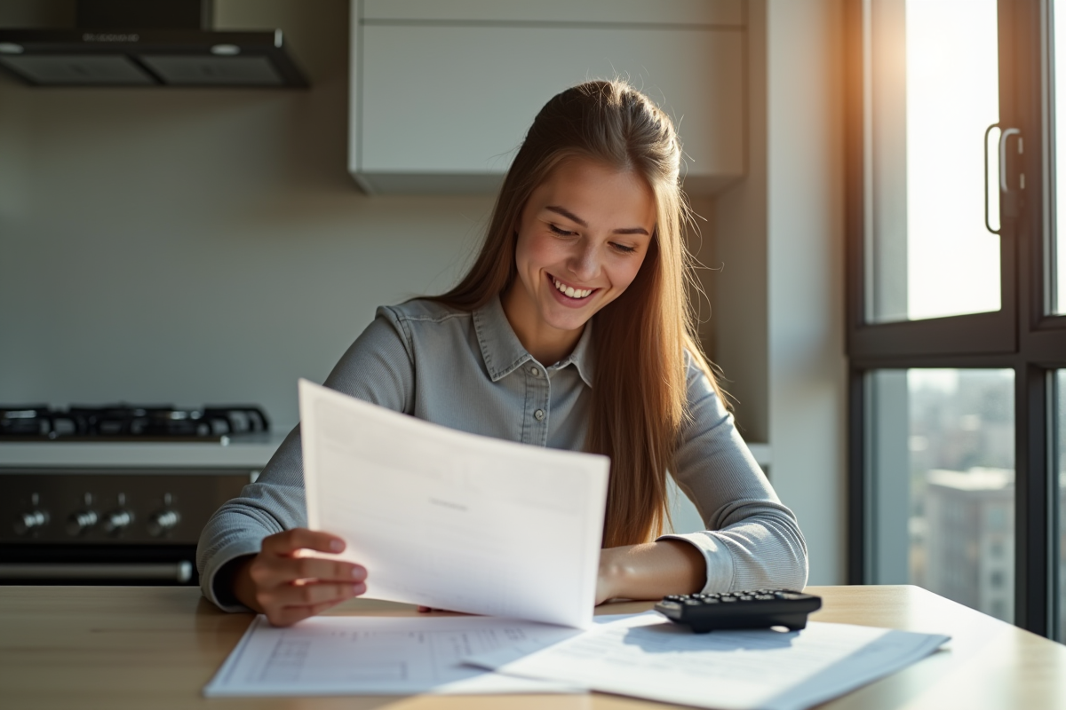 Jeune femme examinant documents de location dans une cuisine lumineuse