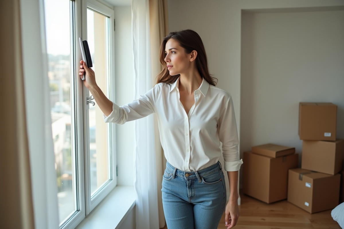Femme nettoyant une grande fenetre dans un appartement propre