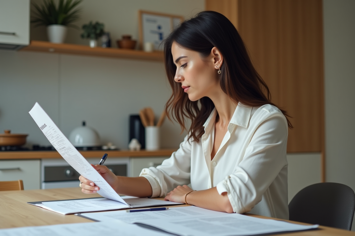 Jeune femme à la maison vérifiant une facture de notaire