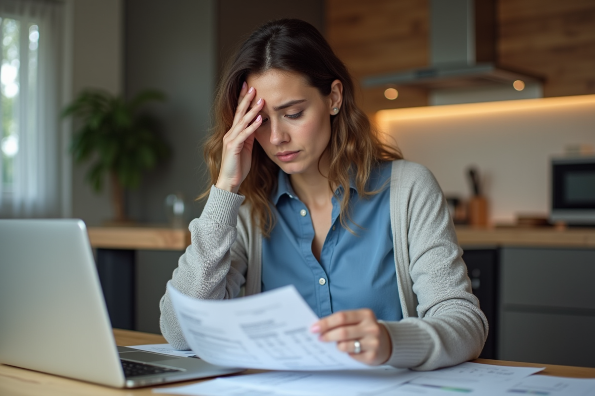 Femme préoccupée regardant un relevé bancaire à la maison