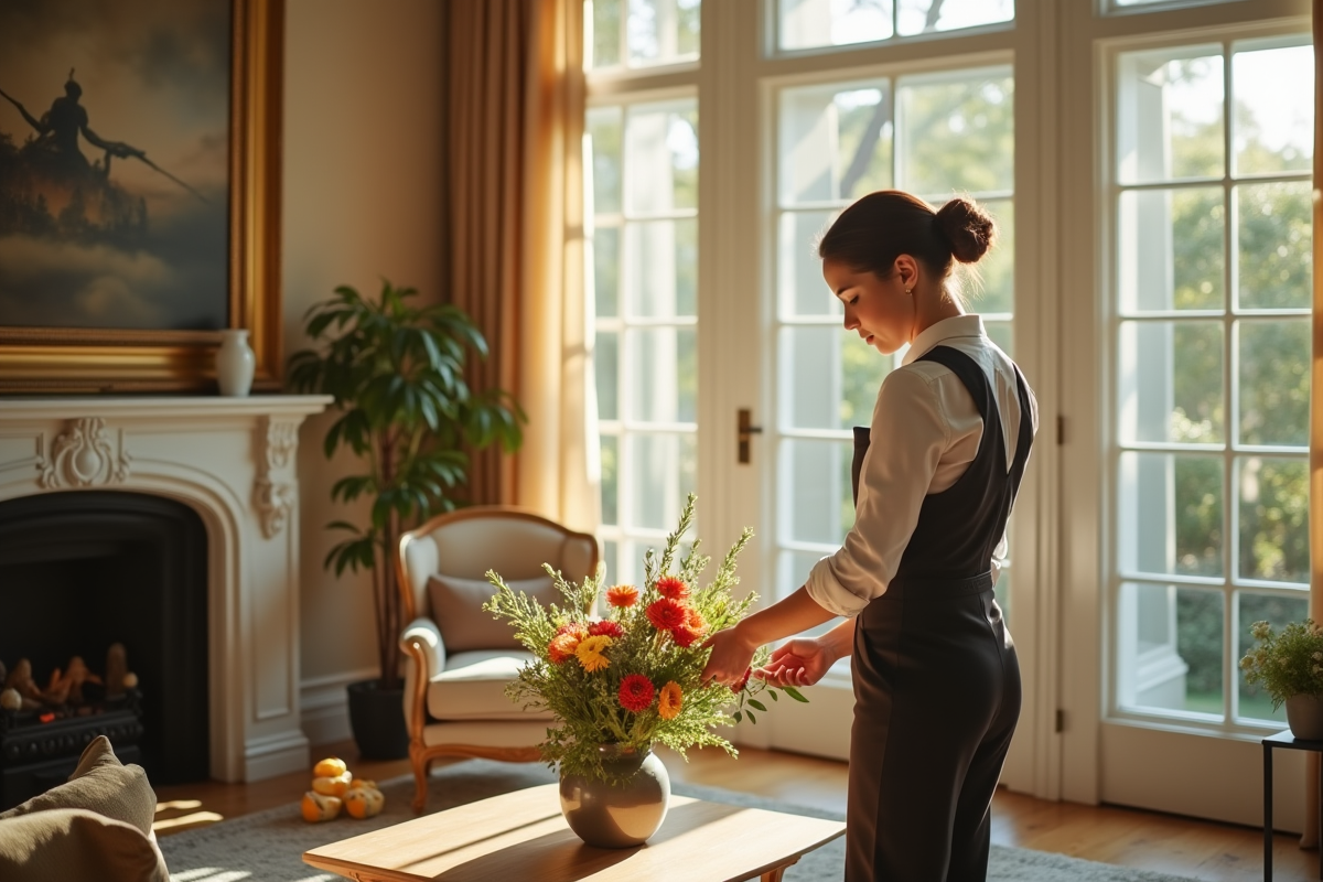 Employée élégante arrangeant des fleurs dans un salon lumineux de luxe