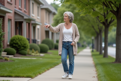 Femme d'âge moyen pointant vers le trottoir devant sa maison