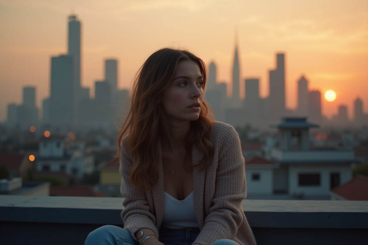 Jeune femme assise sur un toit au coucher du soleil contemplant la ville