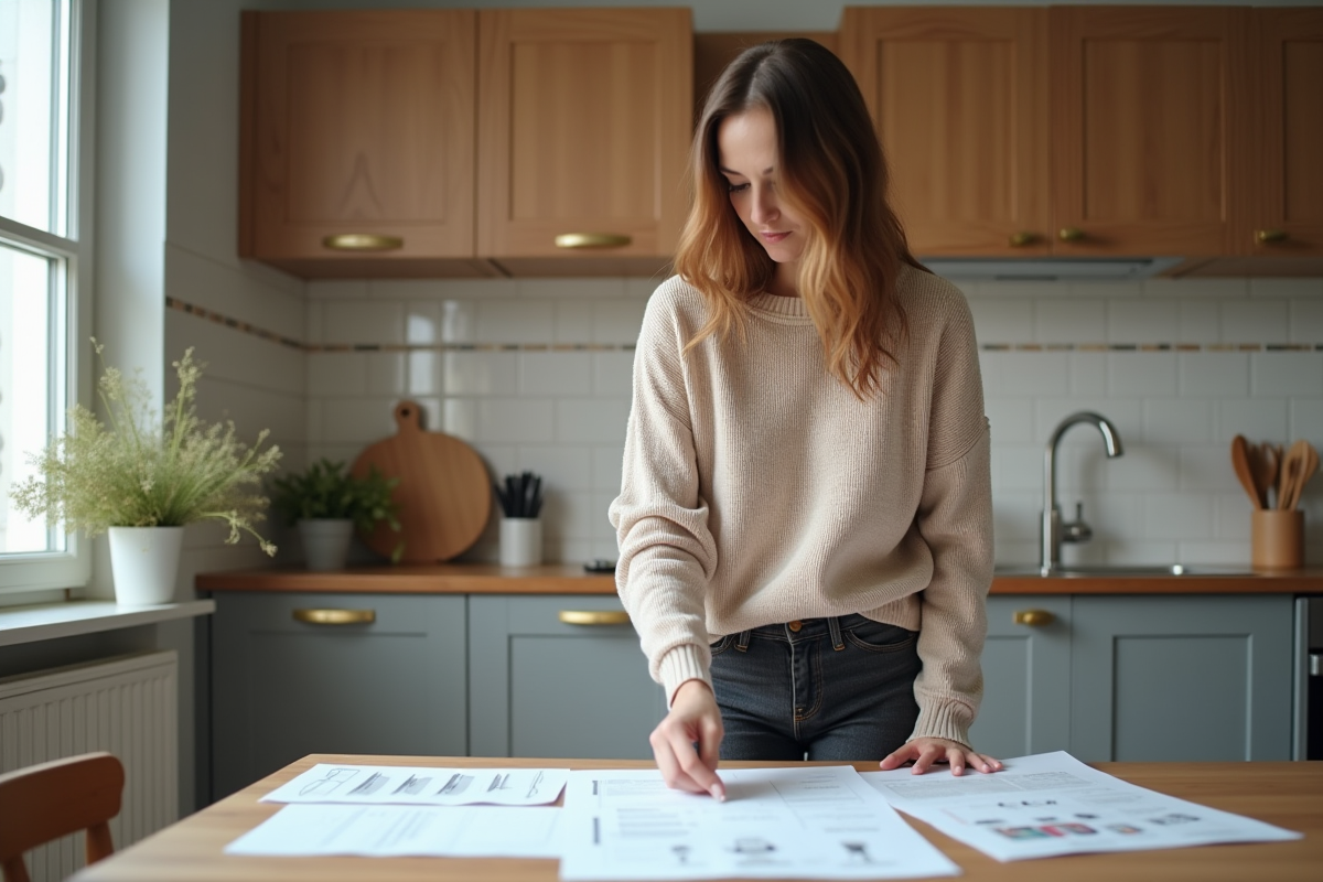 Femme en intérieur moderne examinant des documents de rénovation