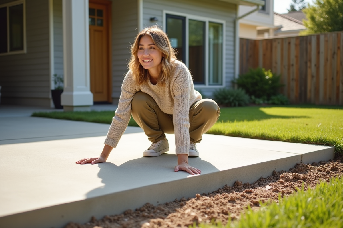 Femme inspectant une dalle de béton dans un jardin ensoleille