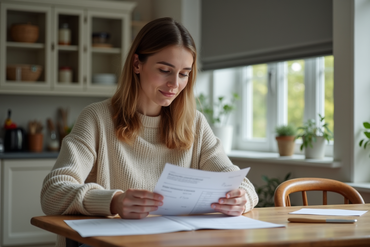 Femme vérifiant une facture de volet roulant cassé à la maison
