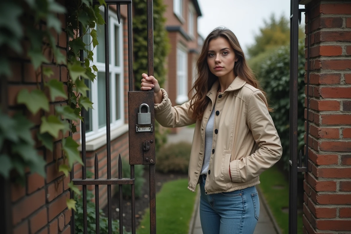 Jeune femme sécurisant un portail avec un cadenas lourd