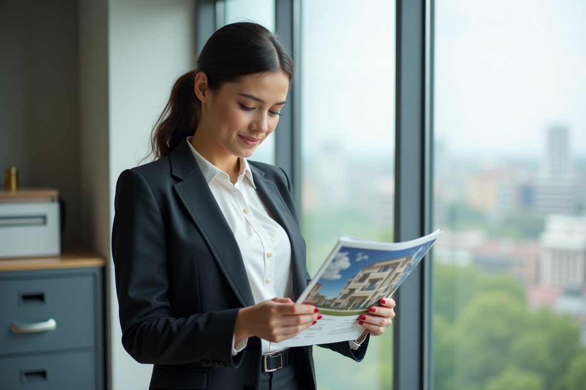 Jeune femme professionnelle examinant une brochure immobilière