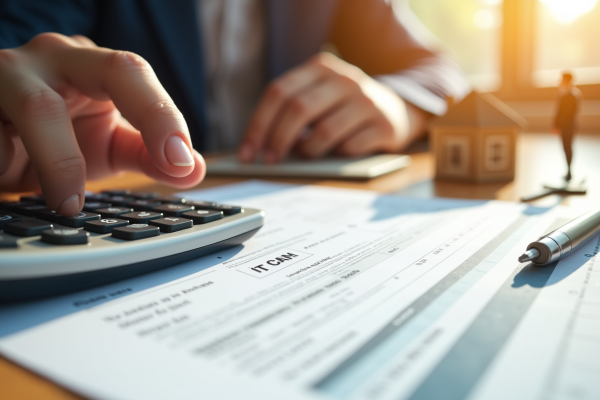 Main utilisant une calculatrice avec clé et maison miniature