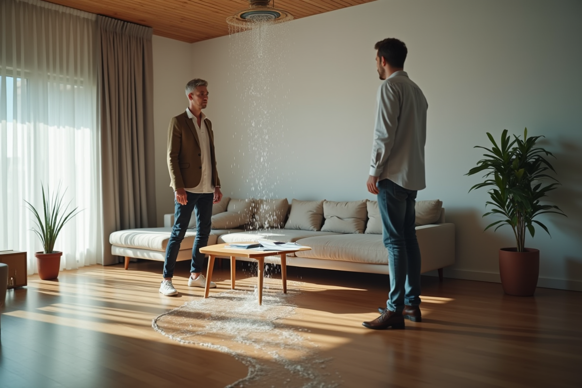Deux personnes dans un salon moderne avec fuite d'eau au plafond