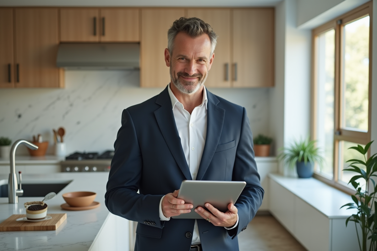 Gestionnaire confiant utilisant une tablette dans une cuisine moderne
