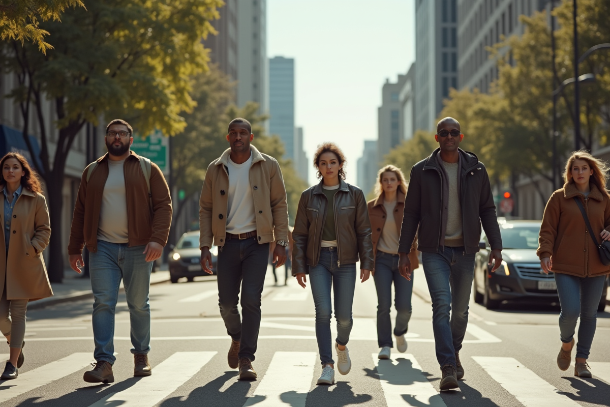 Groupe de citadins traversant une intersection urbaine en plein jour