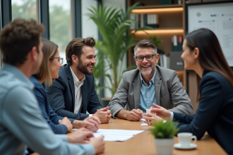 Groupe de professionnels en réunion dans un bureau lumineux