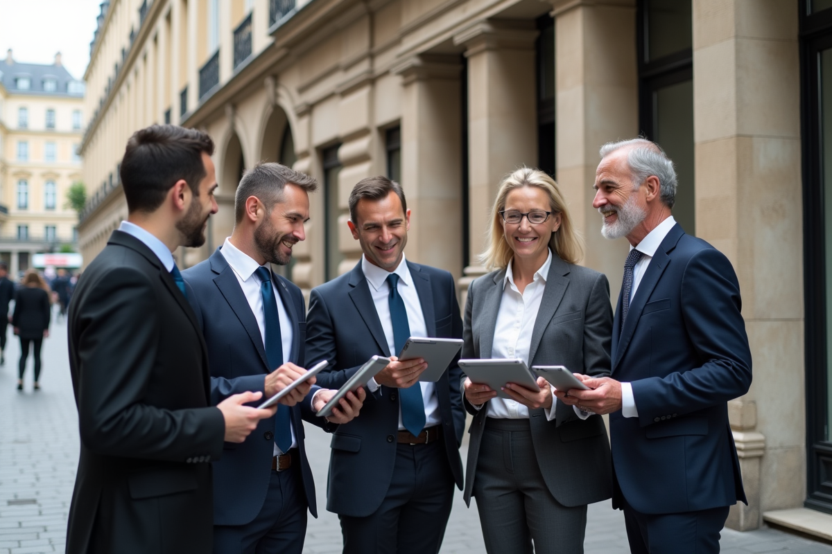 Groupe de professionnels devant une banque française historique