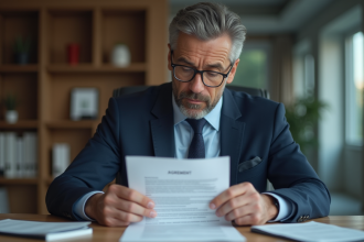 Homme d'affaires en costume bleu examine un contrat de location