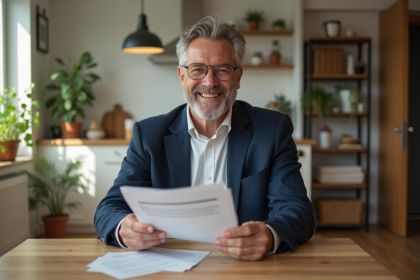 Homme d'&acirc;ge moyen tenant documents d'assurance habitation