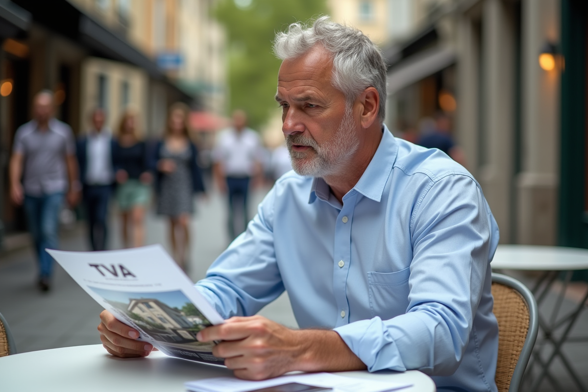 Homme lisant une brochure immobiliere en terrasse