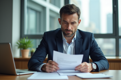 Homme d'âge moyen examinant des documents de location dans un bureau moderne