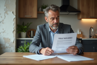 Homme d'âge moyen examine documents endommagés par l'eau